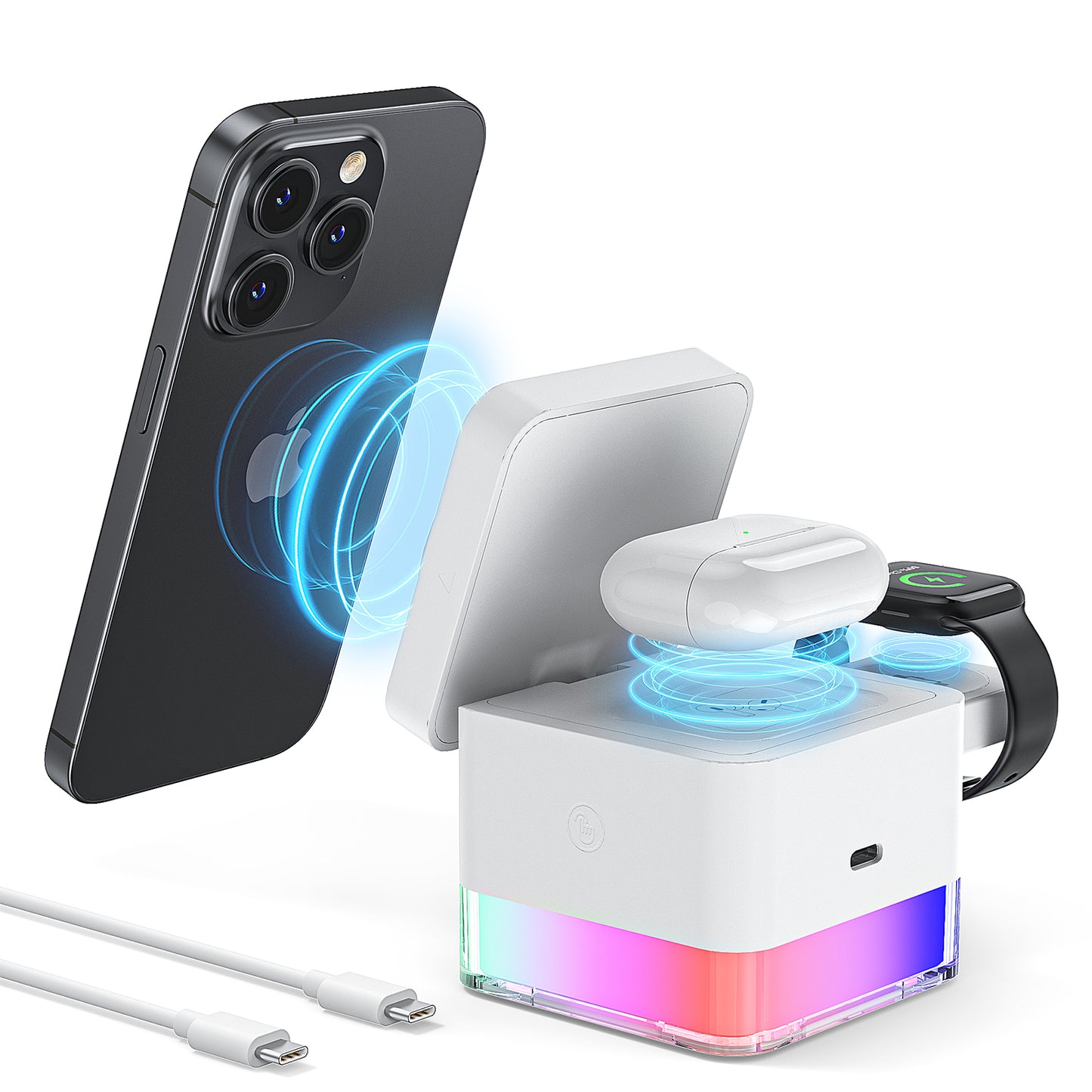 Wireless Charging Station, 3 in 1 Wireless Charger Stand for Multiple Iphone Devices, Wireless Charger for Iphone 16/15/14/13/12/Pro/Pro Max, Iwatch 10/SE/9/8/7/6/5/4/3/2, Airpods 2/3, White